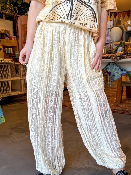 Paper Lace Pants - Boho Lace Wide-Leg Pants - Cream
